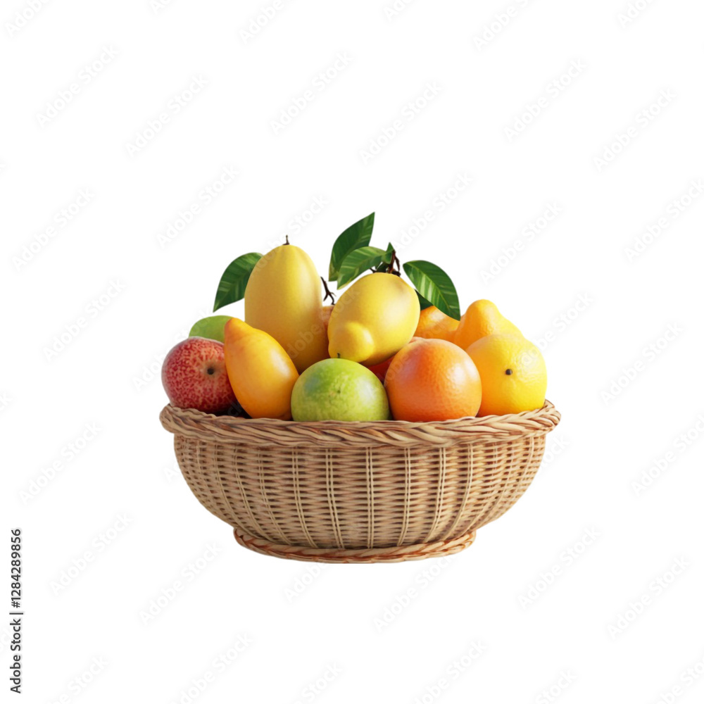 Vibrant tropical fruit basket overflowing with juicy mangoes lemons and oranges a delightful summer treat Vibrant tropical fruit basket overflowing with juicy mangoes lemons and oranges a delightful summer treat