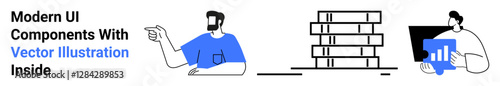 Person pointing towards stacked elements represents collaboration, teamwork, and communication. Another individual working on a graph symbolizes data analysis. Ideal for technology, business