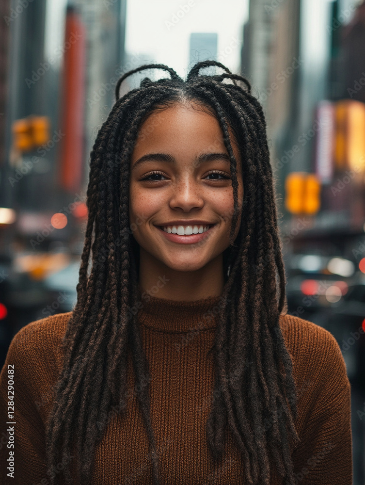 Young woman smiling in busy urban setting at dusk Young woman smiling in busy urban setting at dusk