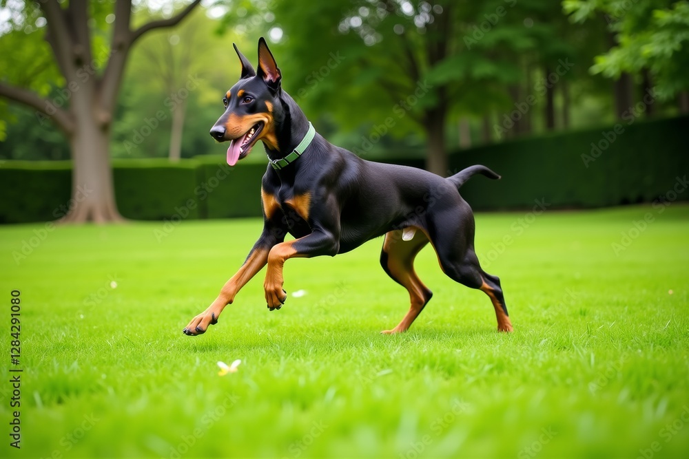 Doberman pinscher jumping across green lawn, showcasing agility and energy. Concept highlights doberman pinscher jumping in vibrant outdoor environment full of life.