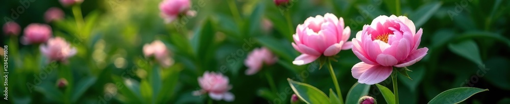 Soft pink peony flowers in a lush green foliage with deep shadow, garden flowers, garden scenes, flowers Soft pink peony flowers in a lush green foliage with deep shadow, garden flowers, garden scenes, flowers