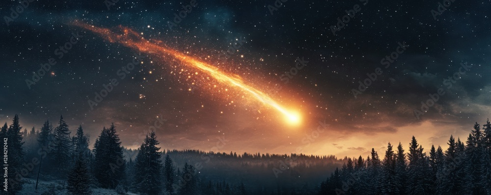 Majestic meteor across a starry night sky above a pine forest landscape Majestic meteor across a starry night sky above a pine forest landscape