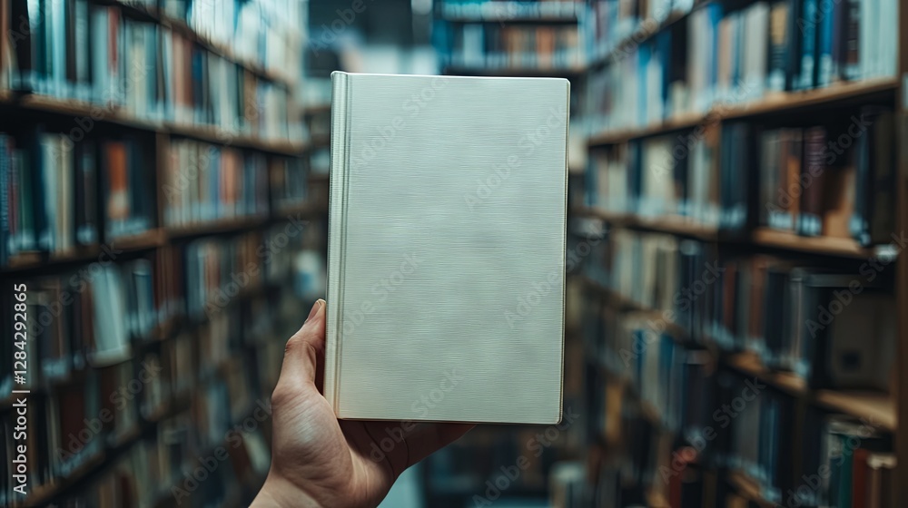 Elegant Blank Book Cover Mockup with Library Background Elegant Blank Book Cover Mockup with Library Background