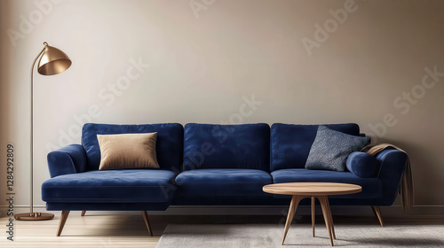 A contemporary interior scene showcasing a luxurious navy blue sectional sofa with a sleek, modern design, placed in front of a neutral-toned wall