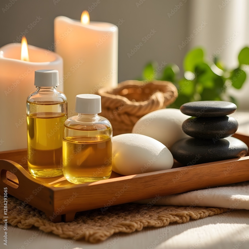Serene spa arrangement with essential oils, candles, and stones