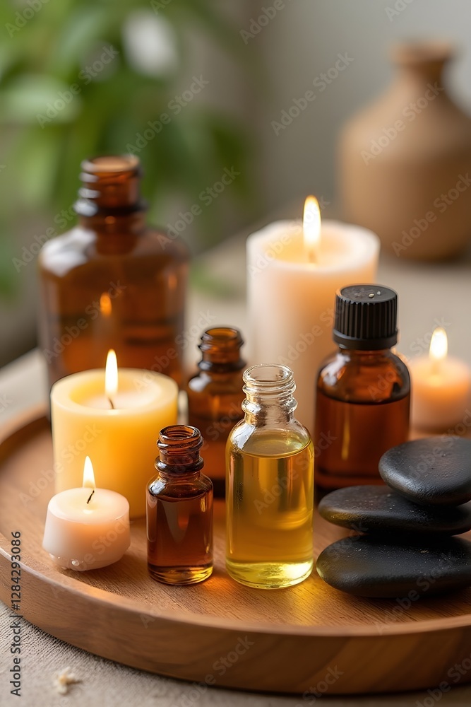 Aromatic candles and essential oils for relaxation and spa ambiance Aromatic candles and essential oils for relaxation and spa ambiance
