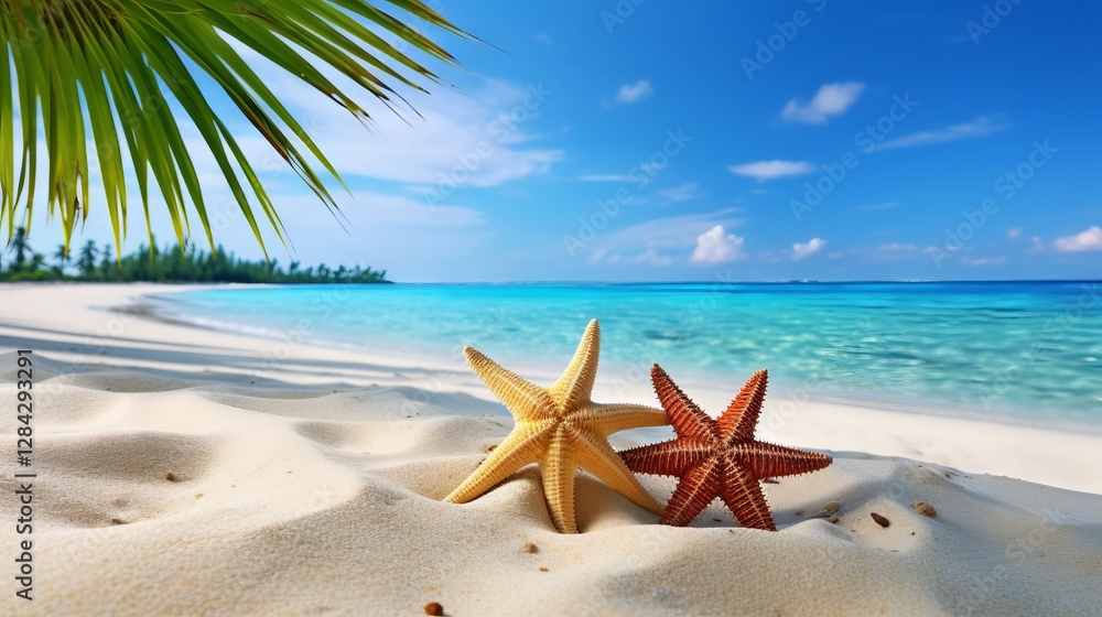 Starfish and palm tree on the sandy beach Starfish and palm tree on the sandy beach