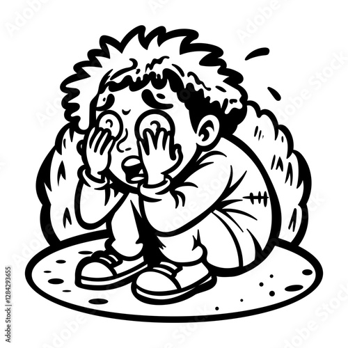 A character hiding his face with hands, glyph style sticker 