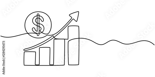 Continuous one line drawing of business growth icon with dollar sign vector illustration, Capital Growth Line Icon. Editable Stroke Vector Icon, Dollar rising and increase to be stronger concept one.