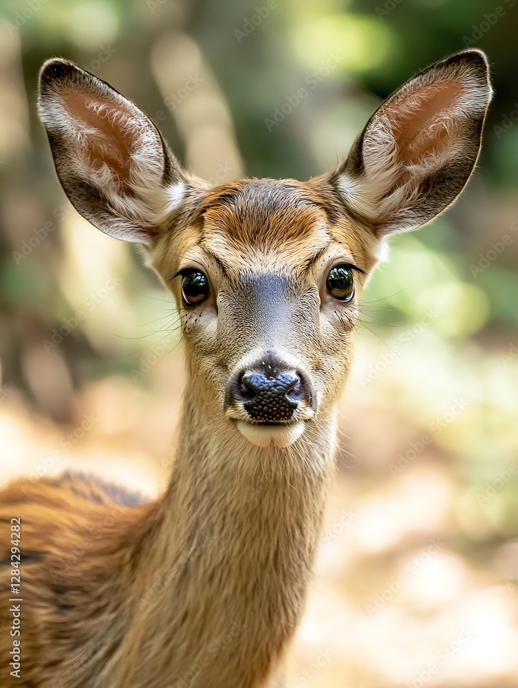 Young adorable fawn with delicate features and big expressive eyes in a natural woodland setting : Generative AI Young adorable fawn with delicate features and big expressive eyes in a natural woodland setting : Generative AI