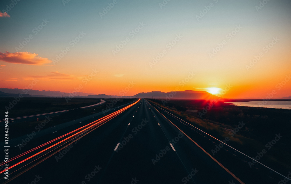 Long highway stretching into the horizon with car light trails at sunset Long highway stretching into the horizon with car light trails at sunset