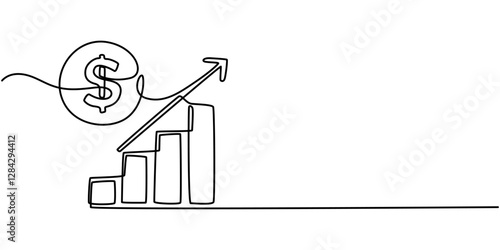 Continuous one line drawing of business growth icon with dollar sign vector illustration, Capital Growth Line Icon. Editable Stroke Vector Icon, Dollar rising and increase to be stronger concept one.