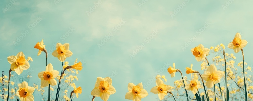 Blooming yellow daffodils under a clear blue sky in springtime scene Blooming yellow daffodils under a clear blue sky in springtime scene