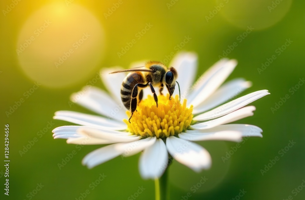 Bee gathering nectar on white daisy in sunlit garden setting Bee gathering nectar on white daisy in sunlit garden setting