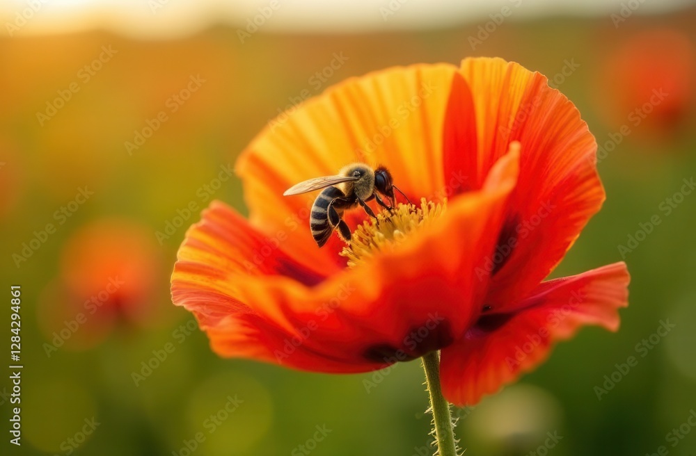Bee pollinating vibrant orange poppy in sunlit meadow Bee pollinating vibrant orange poppy in sunlit meadow