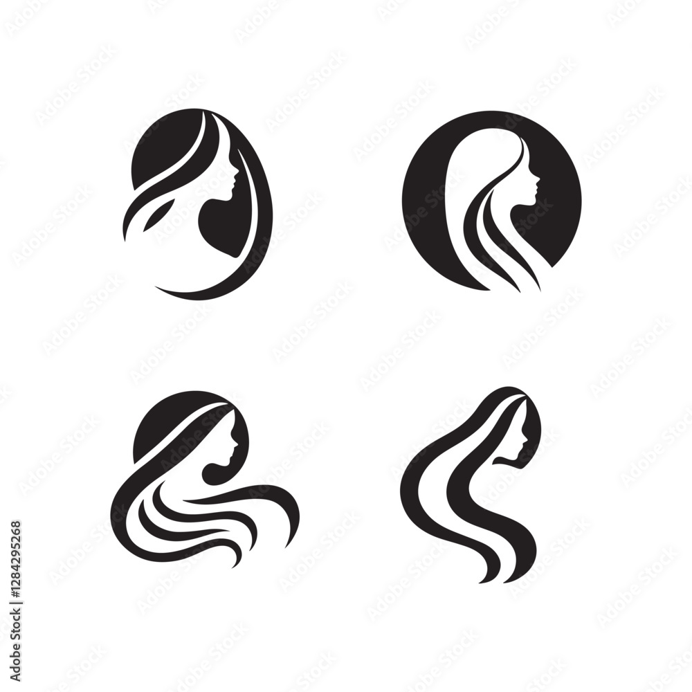 Stylized female profile, black and white silhouette, minimalist beauty icon, hair salon logo design Stylized female profile, black and white silhouette, minimalist beauty icon, hair salon logo design