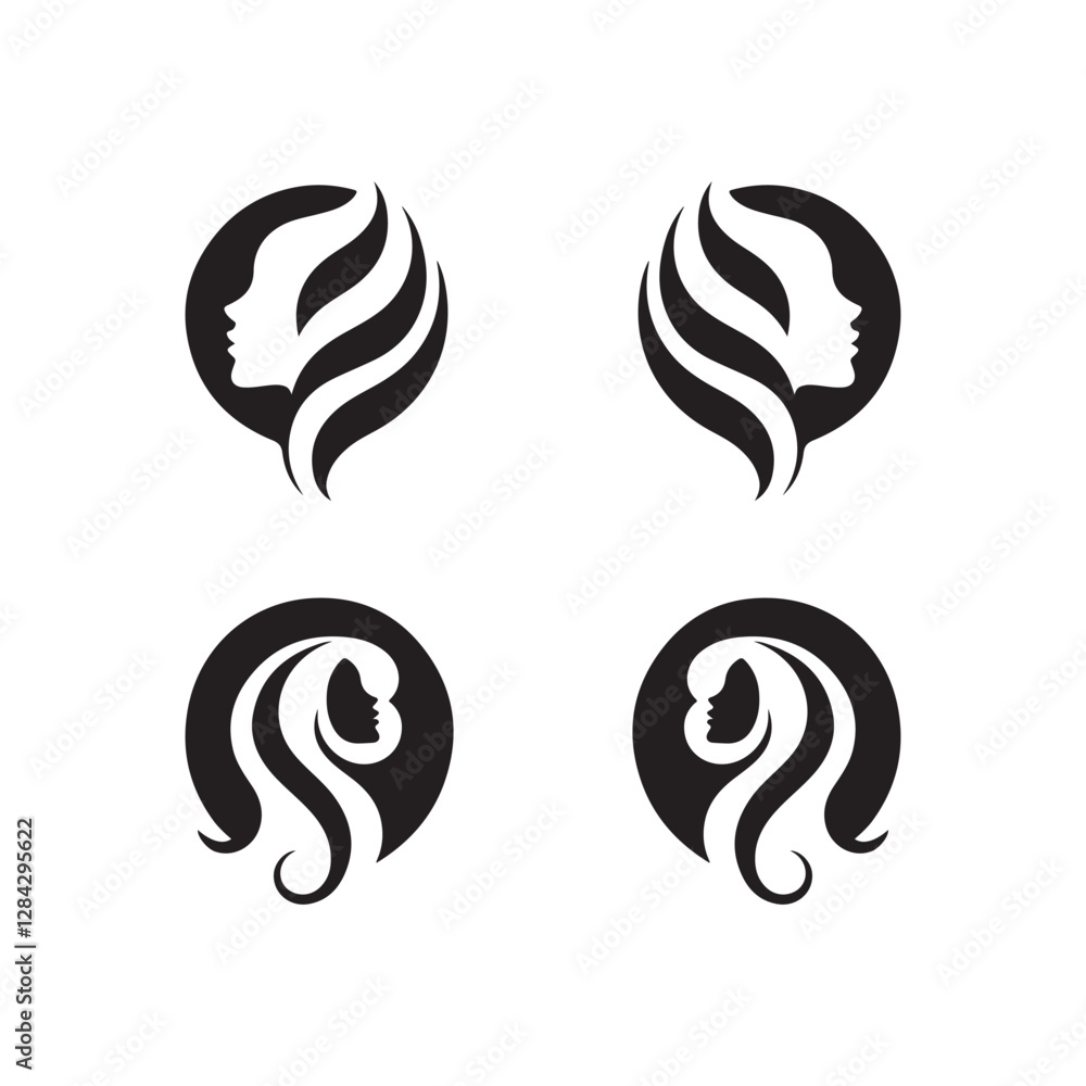 Stylized female profile, black and white silhouette, minimalist beauty icon, hair salon logo design Stylized female profile, black and white silhouette, minimalist beauty icon, hair salon logo design