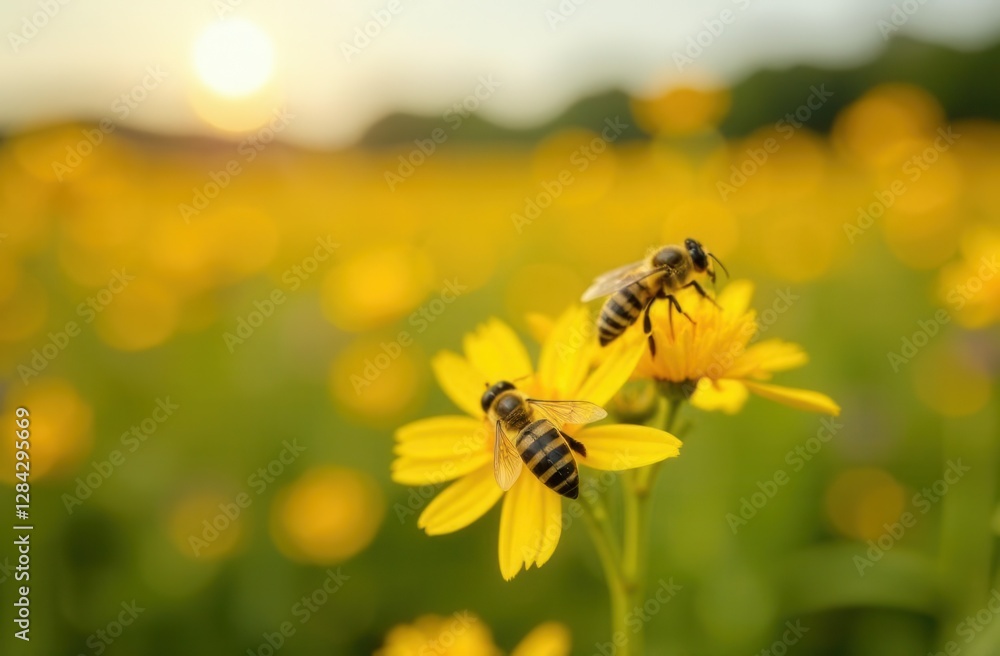 Bees pollinating yellow flowers in sunlit meadow Bees pollinating yellow flowers in sunlit meadow