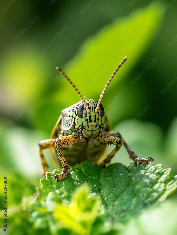 Macro Photo of a Grasshopper Sitting on a Leaf with Intricate Textures and Details in a Natural Garden Setting : Generative AI Macro Photo of a Grasshopper Sitting on a Leaf with Intricate Textures and Details in a Natural Garden Setting : Generative AI