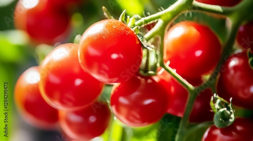 Closeup image of ripe cherry tomatoes hanging on a vine indicating freshness and healthy produce : Generative AI photo