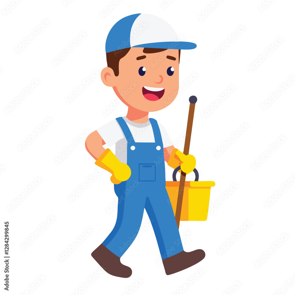 A cheerful cartoon illustration of a child wearing blue overalls, a cap, and yellow gloves, carrying a mop and bucket A cheerful cartoon illustration of a child wearing blue overalls, a cap, and yellow gloves, carrying a mop and bucket