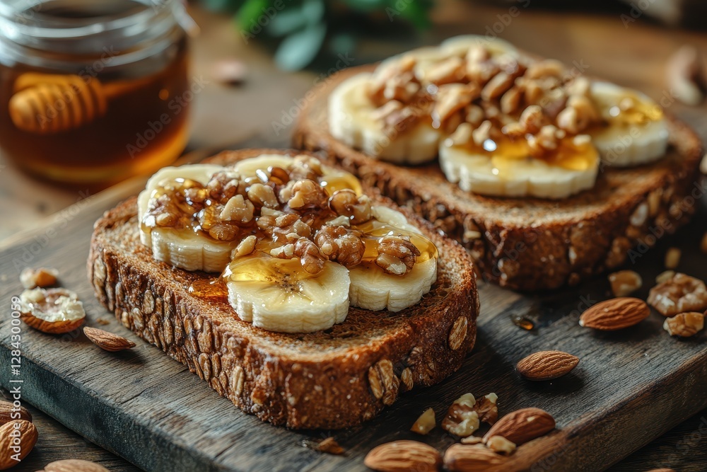 Delicious breakfast with whole grain toast, bananas, nuts, and honey topped with almonds and walnuts Delicious breakfast with whole grain toast, bananas, nuts, and honey topped with almonds and walnuts
