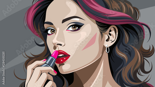 close up of glamorous young woman applying pink lipstick on grey background, beauty and makeup