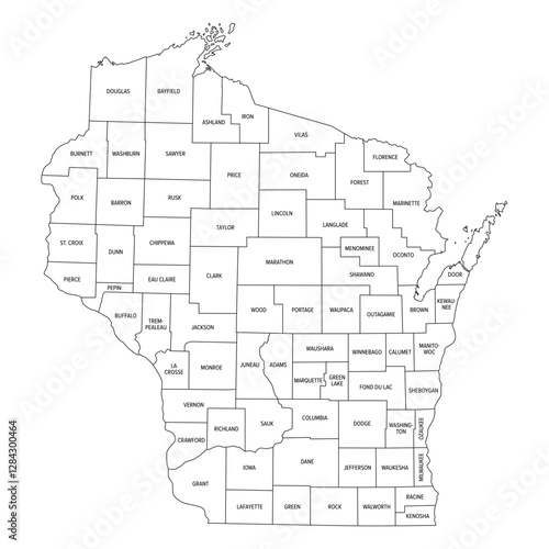 State of Wisconsin subdivided into 72 counties, outline map. A state in the Great Lakes region of the Upper Midwest of the United States, nicknamed Badger State. Map with boundaries and county names.