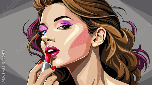 close up of glamorous young woman applying pink lipstick on grey background, beauty and makeup