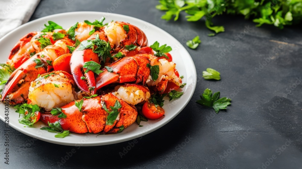 Freshly Cooked Lobster with Herbs and Cherry Tomatoes on Plate Freshly Cooked Lobster with Herbs and Cherry Tomatoes on Plate