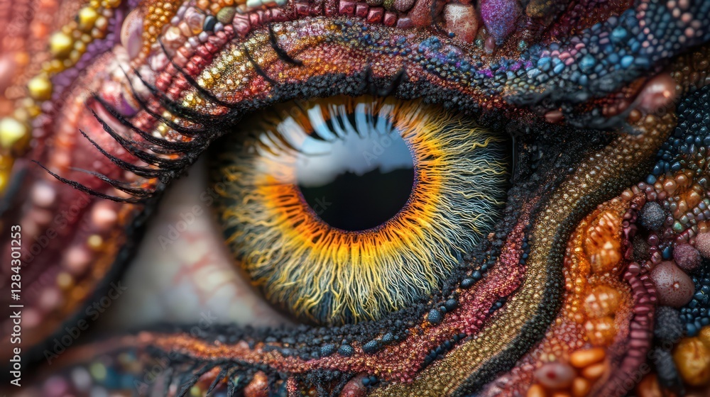 Vibrant reptilian eye close-up with intricate textures and colors Vibrant reptilian eye close-up with intricate textures and colors