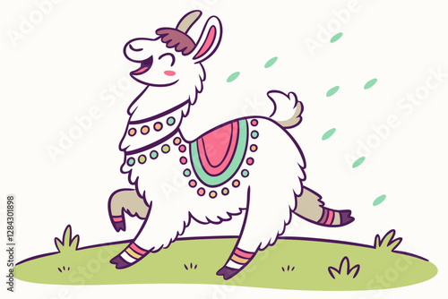 Colorful and happy llama walking through a field