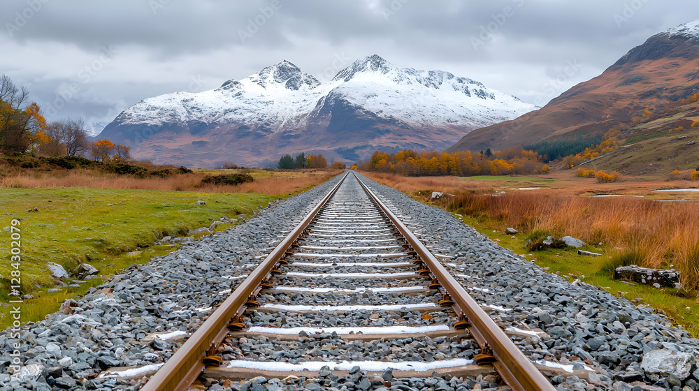 Fototapeta premium Railway tracks towards snowy mountains, autumn landscape