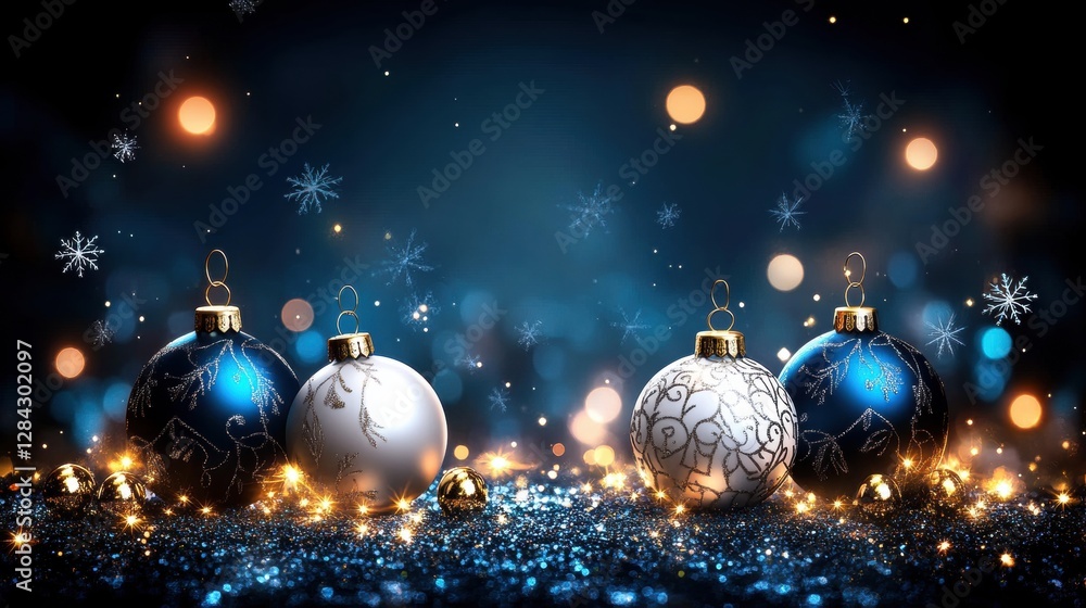 Festive Christmas Ornaments in Blue and White with Golden Accents on a Glittering Dark Background Festive Christmas Ornaments in Blue and White with Golden Accents on a Glittering Dark Background