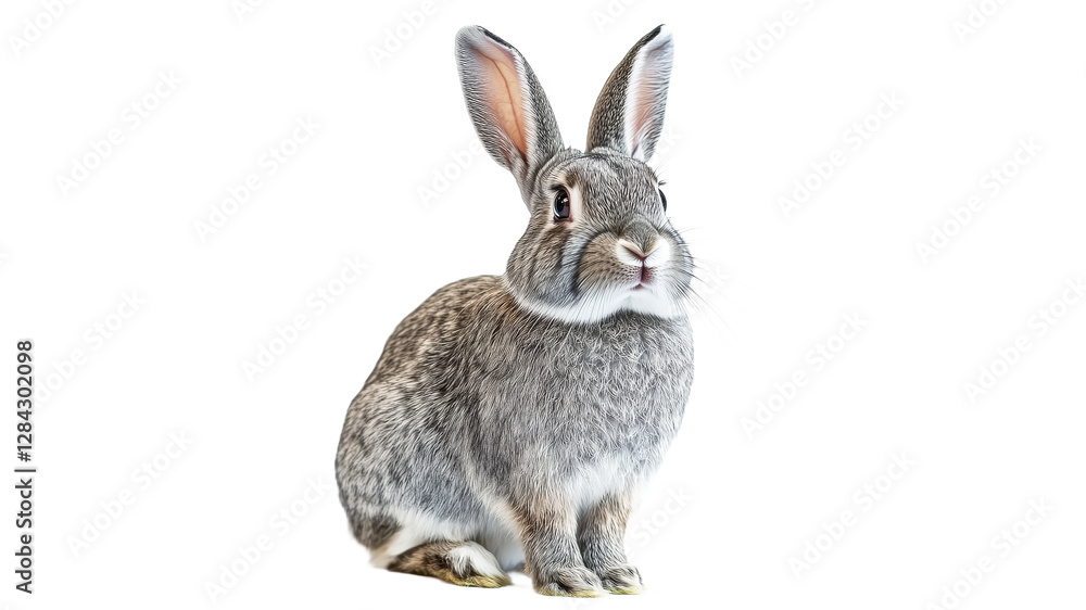Fototapeta premium Grey rabbit sitting upright with alert expression