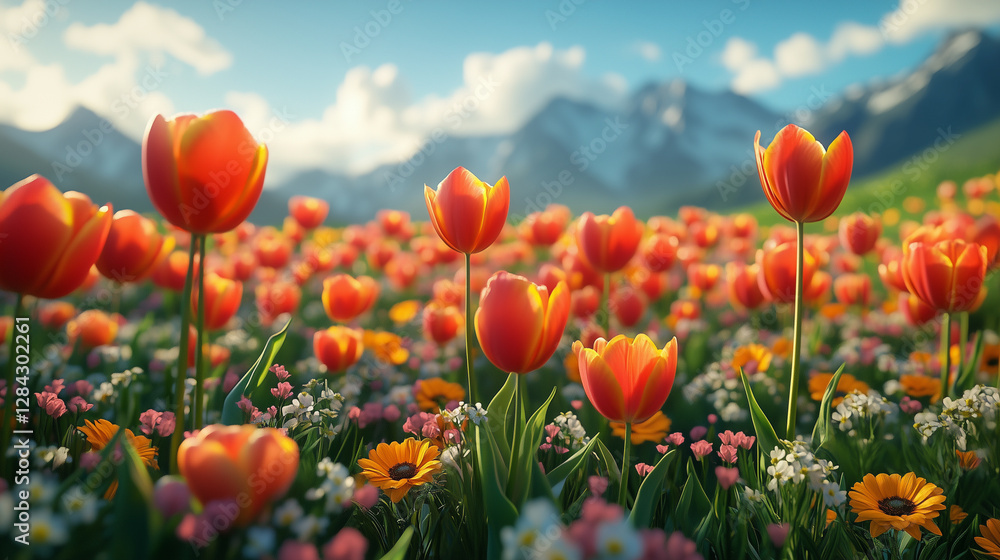 Naklejka premium Vibrant tulip and wildflower field stretches across rolling hills under a sunny sky in springtime. Generative AI