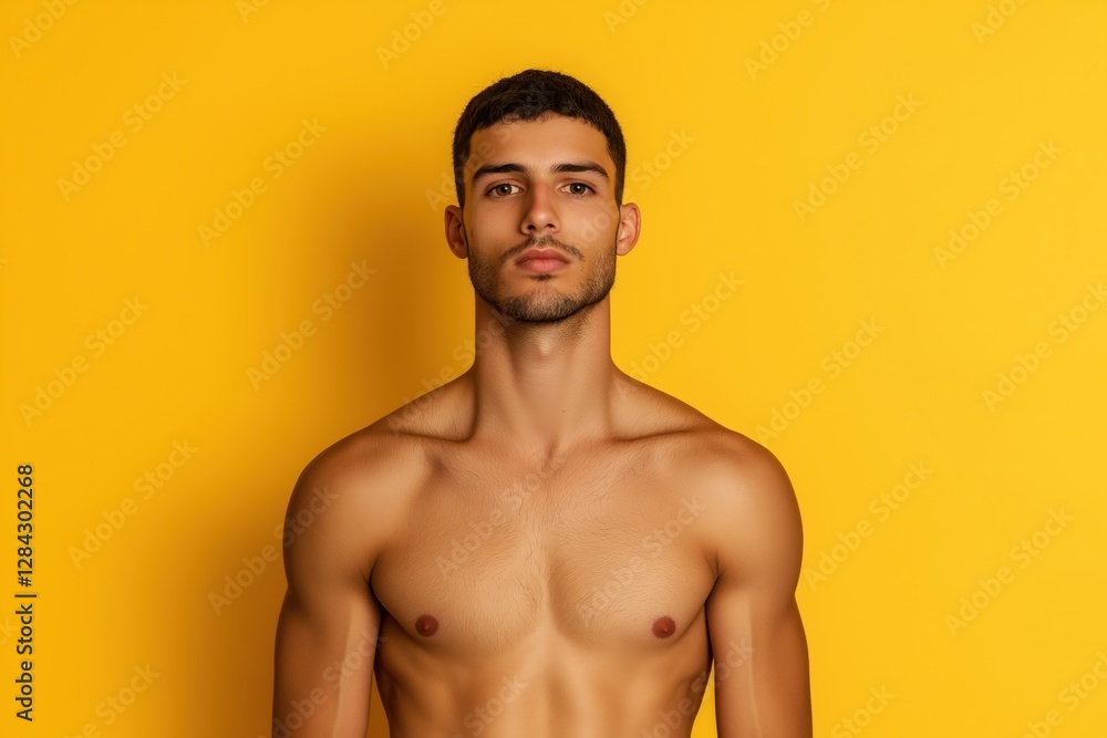 Fototapeta premium A man with a shaved chest stands in front of a yellow wall. He has a serious expression on his face
