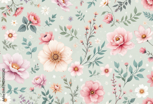 Watercolor painting of a delicate and romantic floral pattern