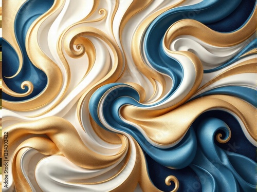 Elegant abstract smooth dynamic composition Digital artwork with flowing swirls and curves. Harmonious palette of deep blue, shimmering gold, and pure white, Royalty luxury vintage look. Invitation