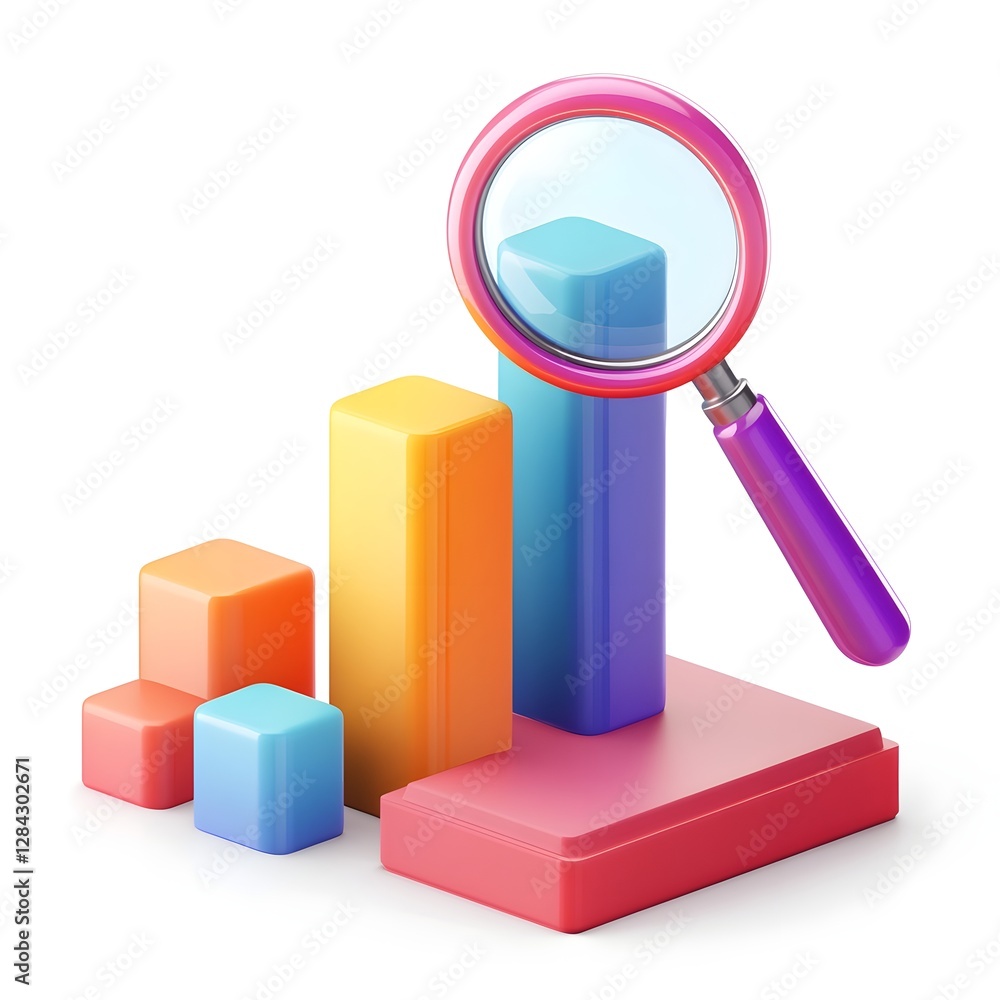3D Bar Graph Icon with Magnifying Glass on Smooth Gradient White Background 3D Bar Graph Icon with Magnifying Glass on Smooth Gradient White Background