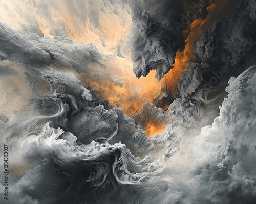 A dramatic view of swirling dark and light clouds with orange highlights, showcasing a stormy sky and powerful natural forces. The image symbolizes chaos and beauty. photo