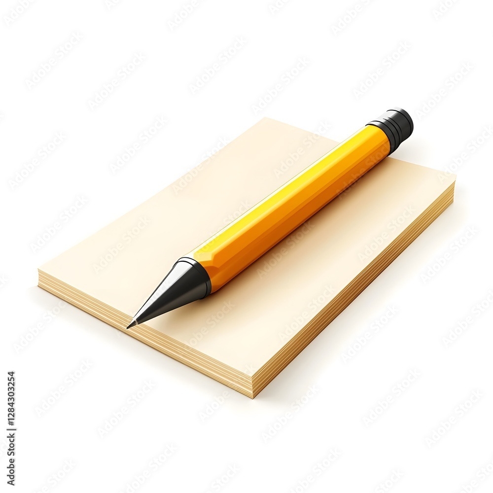3D Cartoon Pencil or Pen Icon on White Paper Background 3D Cartoon Pencil or Pen Icon on White Paper Background