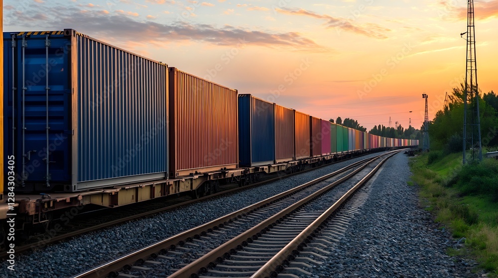 Fototapeta premium Vibrant Sunset Over Freight Train with Colorful Containers Along the Tracks in a Serene Landscape : Generative AI