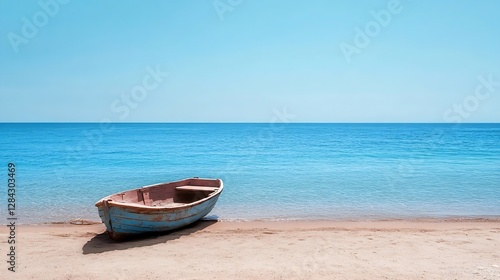 Tranquil view of a rustic wooden boat resting on a peaceful beach under a bright blue sky and clear water : Generative AI