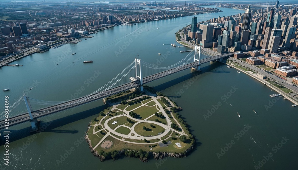 Aerial view of the Triborough Bridge on Randall's Island in New York City
