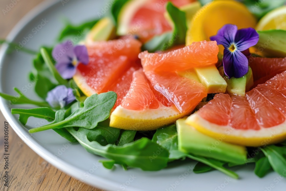 Colorful salad featuring fresh grapefruit, lemon slices, and edi Colorful salad featuring fresh grapefruit, lemon slices, and edi