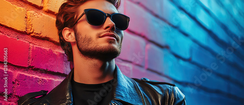 Cool boy in sunglasses and a leather jacket, posing against a vibrant, graffiticovered wall photo