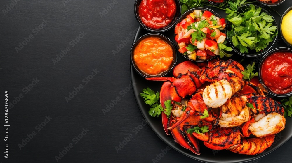 Grilled Lobster and Shrimp Dish with Colorful Dipping Sauces Grilled Lobster and Shrimp Dish with Colorful Dipping Sauces