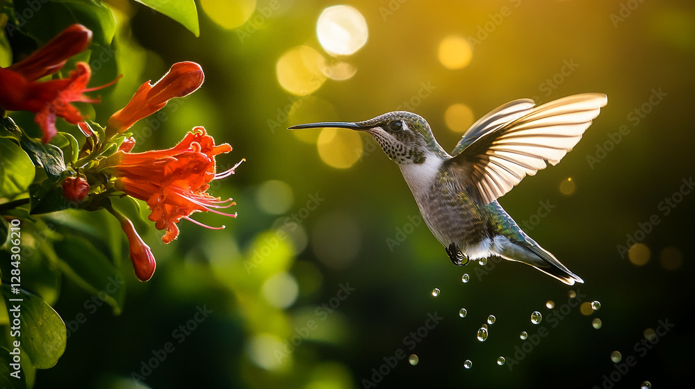 Naklejka premium Hummingbird flying near red flowers with droplets, showcasing the beauty of nature, wildlife, and pollination in a vibrant outdoor setting with soft bokeh.