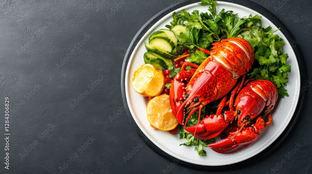 Freshly Cooked Lobster on a Plate with Vegetables and Herbs Freshly Cooked Lobster on a Plate with Vegetables and Herbs